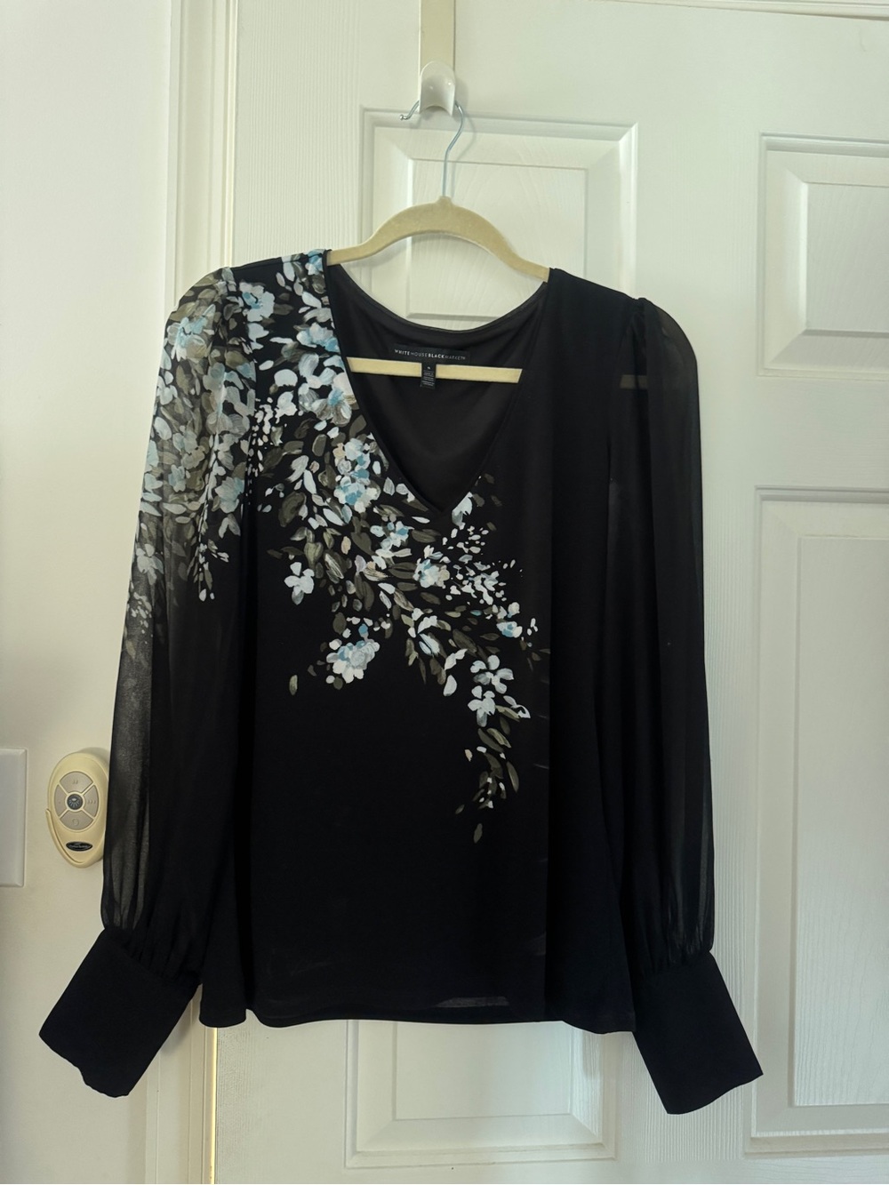 White House Black Market Black Floral V-Neck Sheer Sleeve Blouse